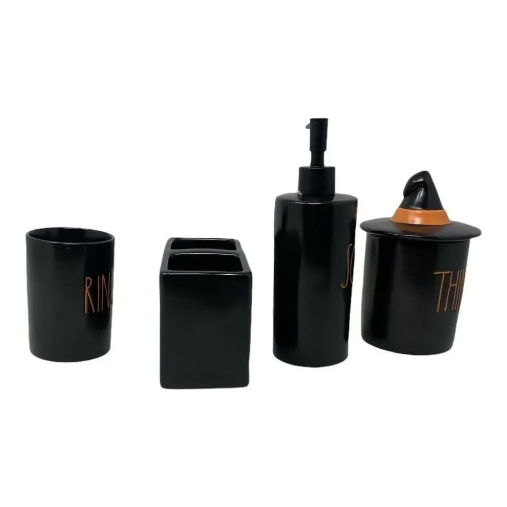 Rae Dunn Halloween Bathroom‎ Set Hocus Pocus Soap Rinse Things Orange Witch Hat